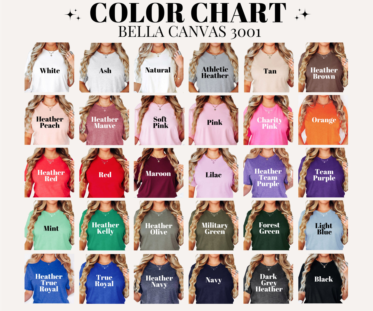 the color chart for the bella canvas shirt